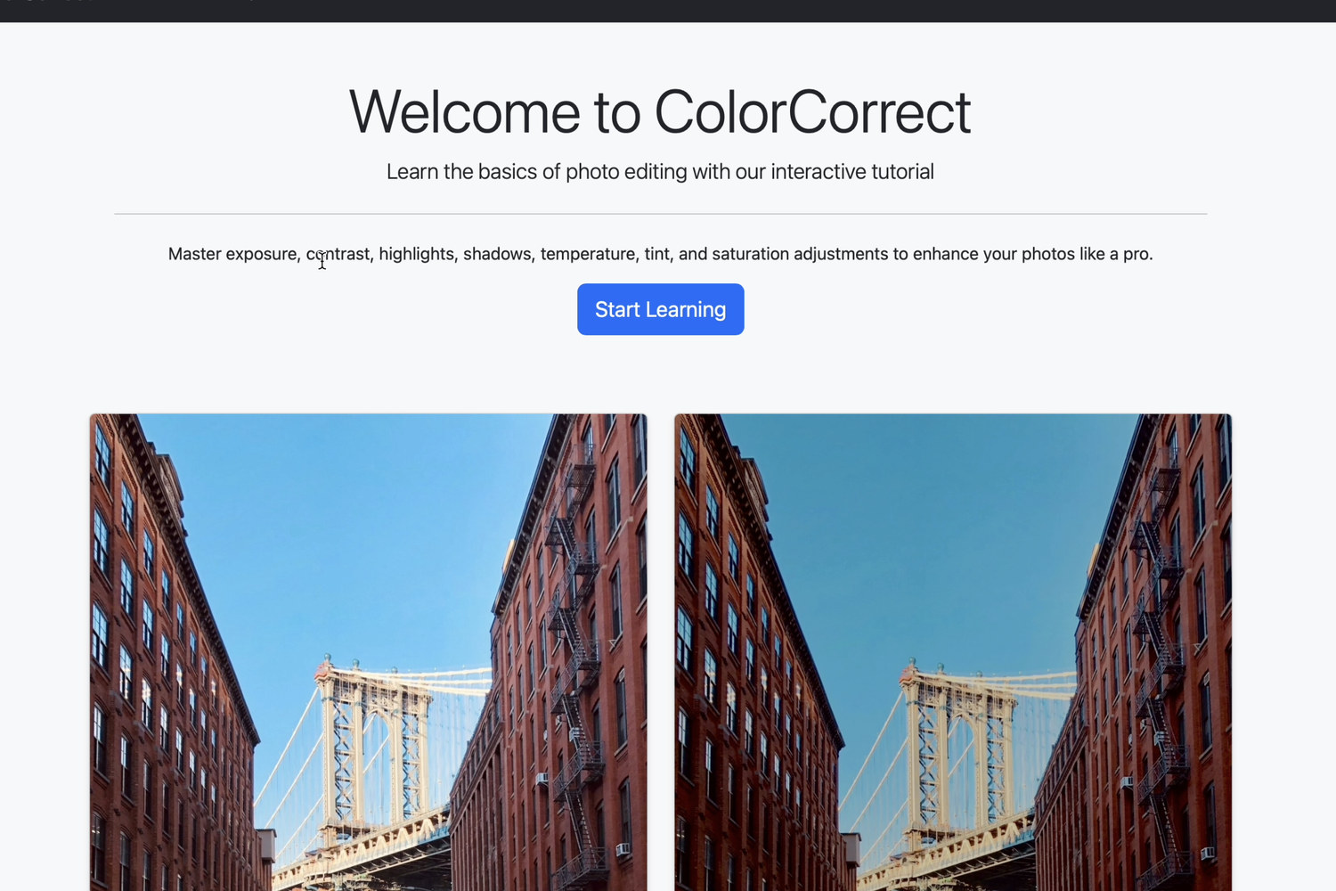The Color Correct home page: a heading reading Welcome to ColorCorrect above the Manhattan Bridge photographed from a DUMBO street, shown before and after correction