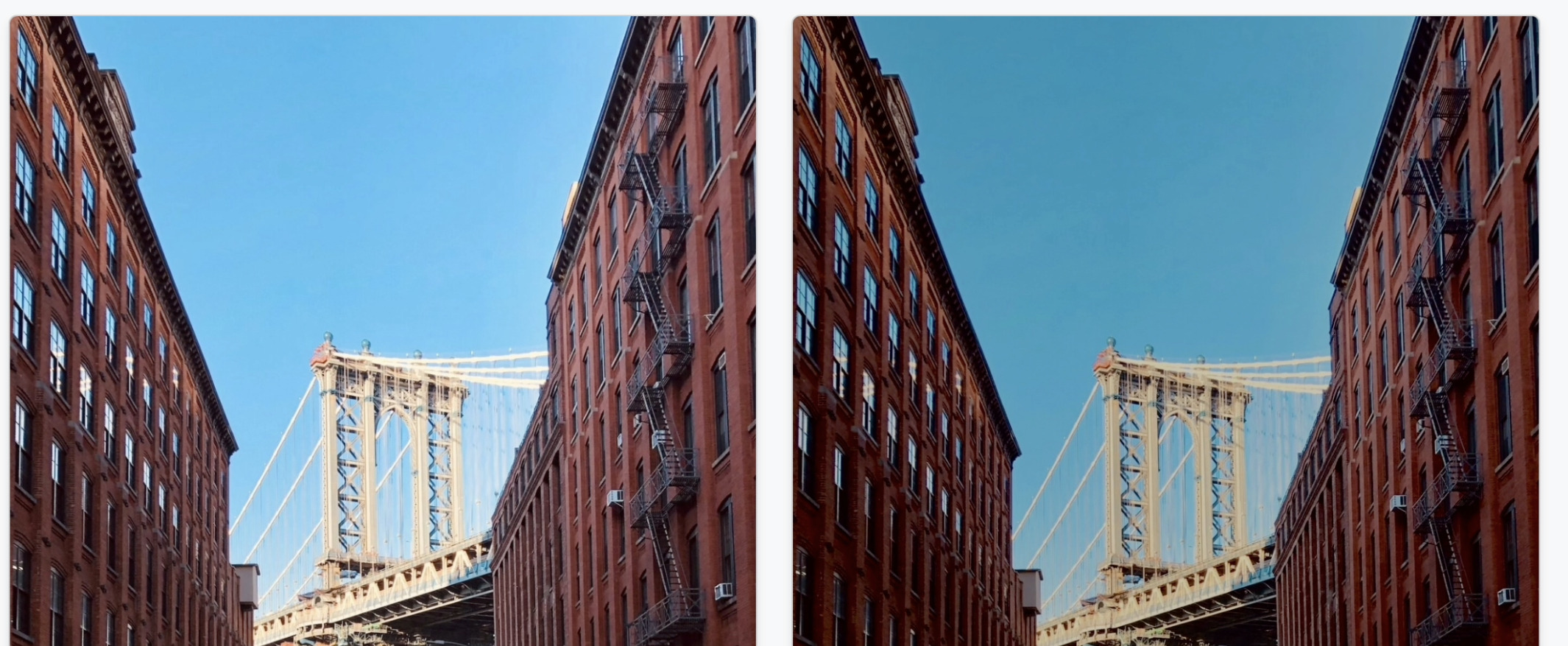 The Manhattan Bridge seen from a brick-lined DUMBO street, shown twice: the flatter original beside a corrected version with a deeper sky and warmer brick