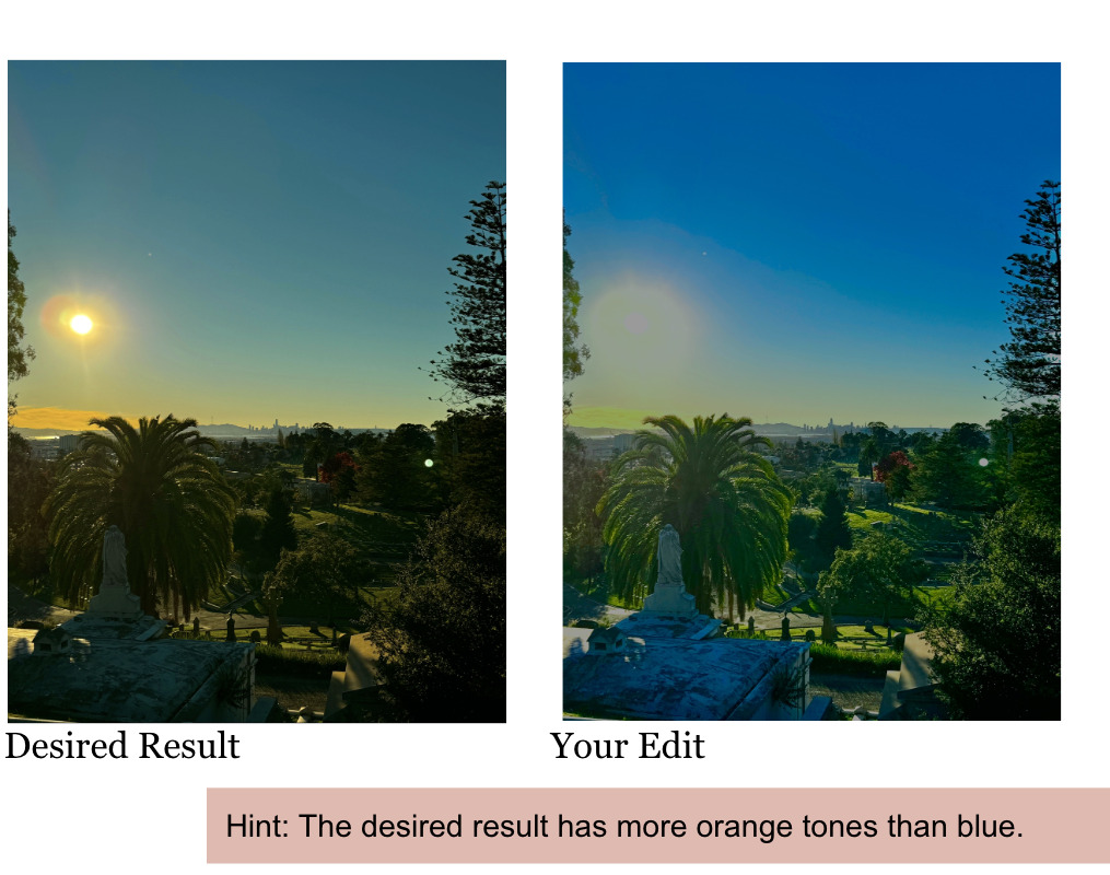 Desired Result and Your Edit shown side by side, the learner's version too blue, with a hint bar underneath reading that the desired result has more orange tones than blue