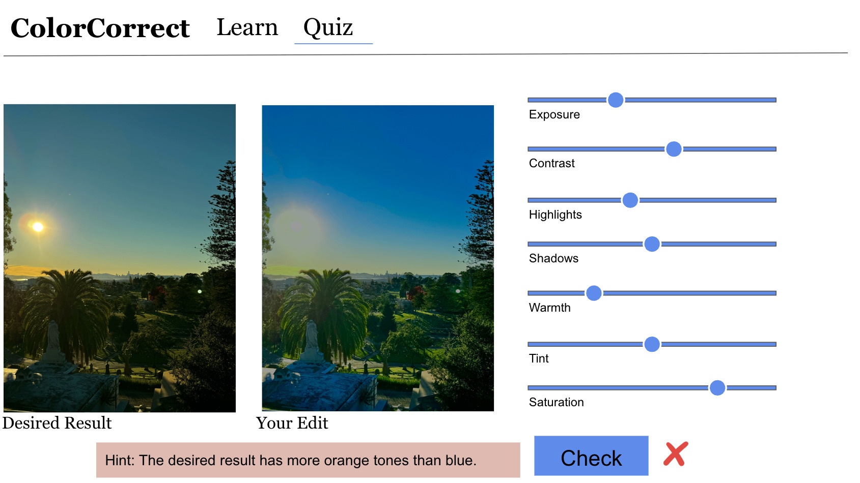 The practical exercise interface: a target image beside the learner's working image, with seven labelled adjustment sliders down the right side