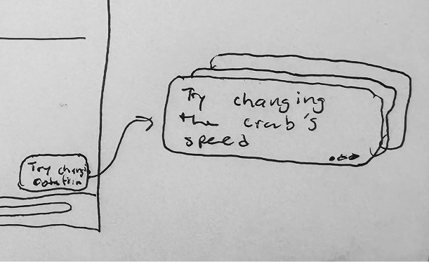 Early hand sketch of the suggestion widget as a small collapsed chip that expands into a full suggestion card