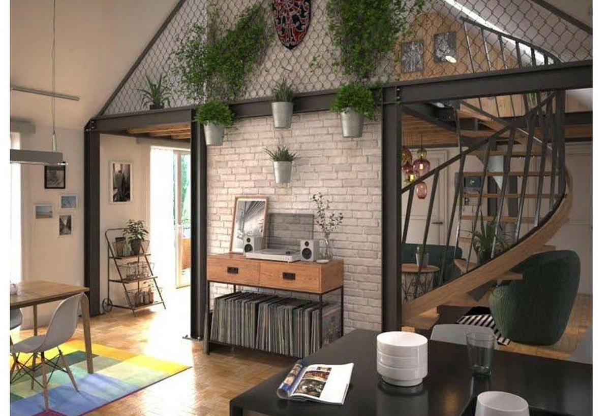 A photorealistic rendered interior from the Hypersim dataset: a loft with exposed steel framing, a spiral staircase, brick wall and hanging plants