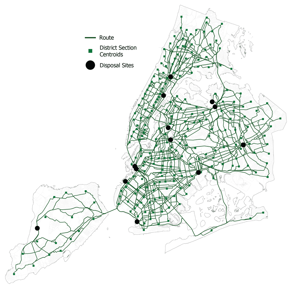 Dense web of green candidate waste-truck routes across all five boroughs of New York City, converging on black disposal site markers