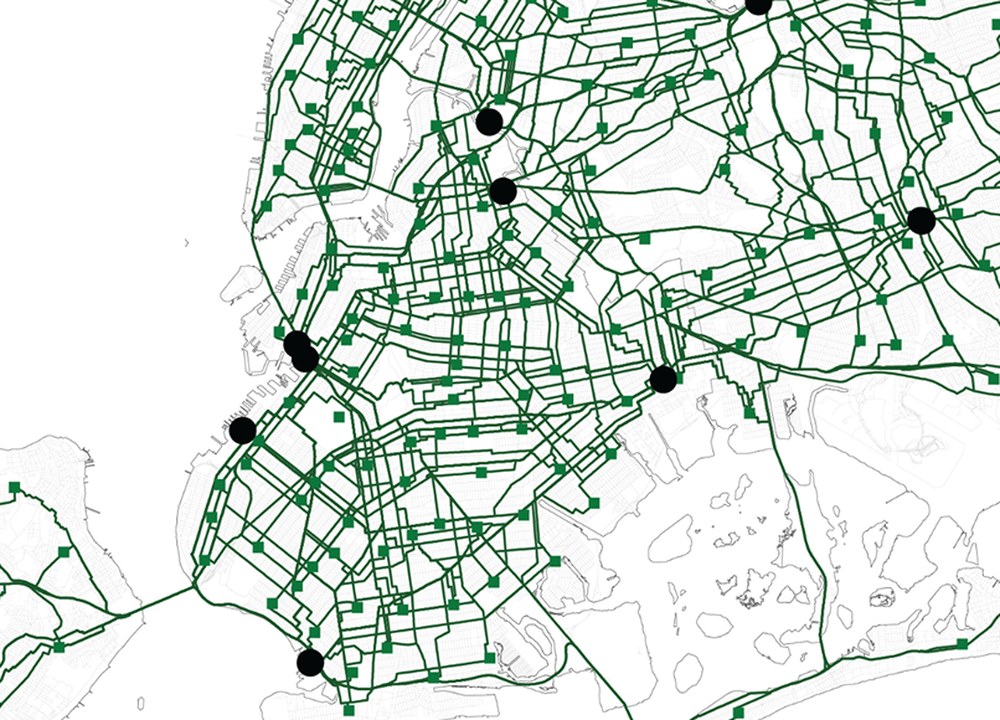 Modeled waste transport routes threading across New York City toward black disposal-site markers