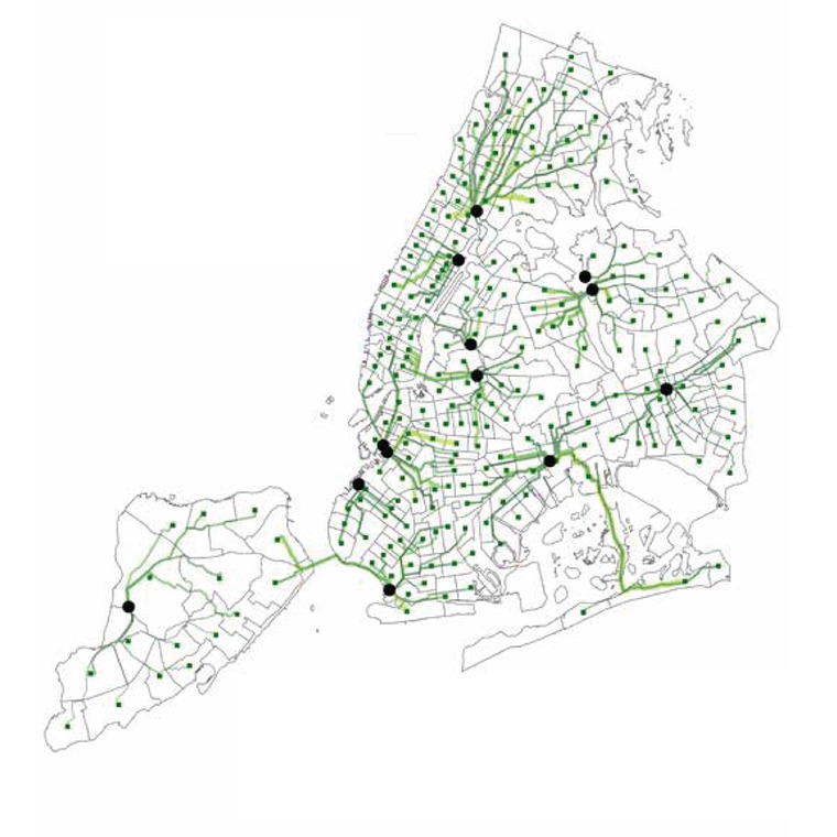 Method 1 route map: green routes radiating outward around many disposal facilities across New York City