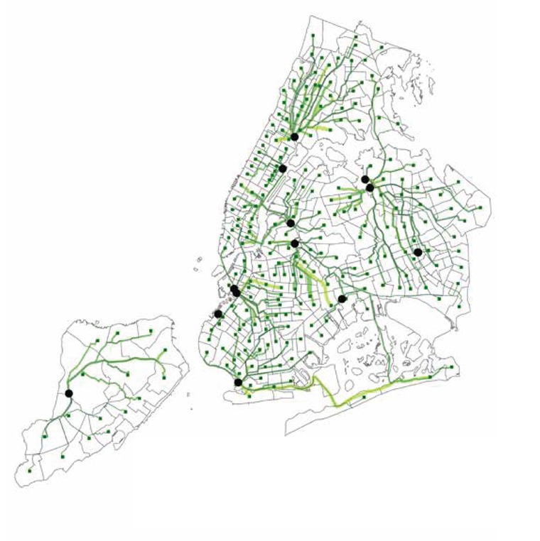 Method 2 route map: fewer, heavier trunk corridors converging on larger-capacity disposal facilities