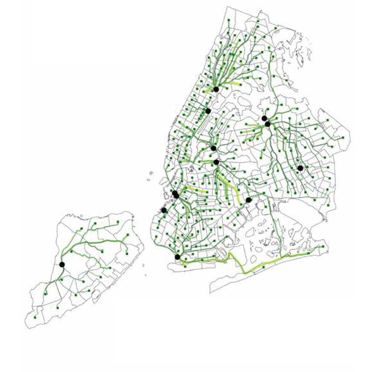 Method 3 route map: many overlapping route corridors from tonnage split proportionally between two facilities