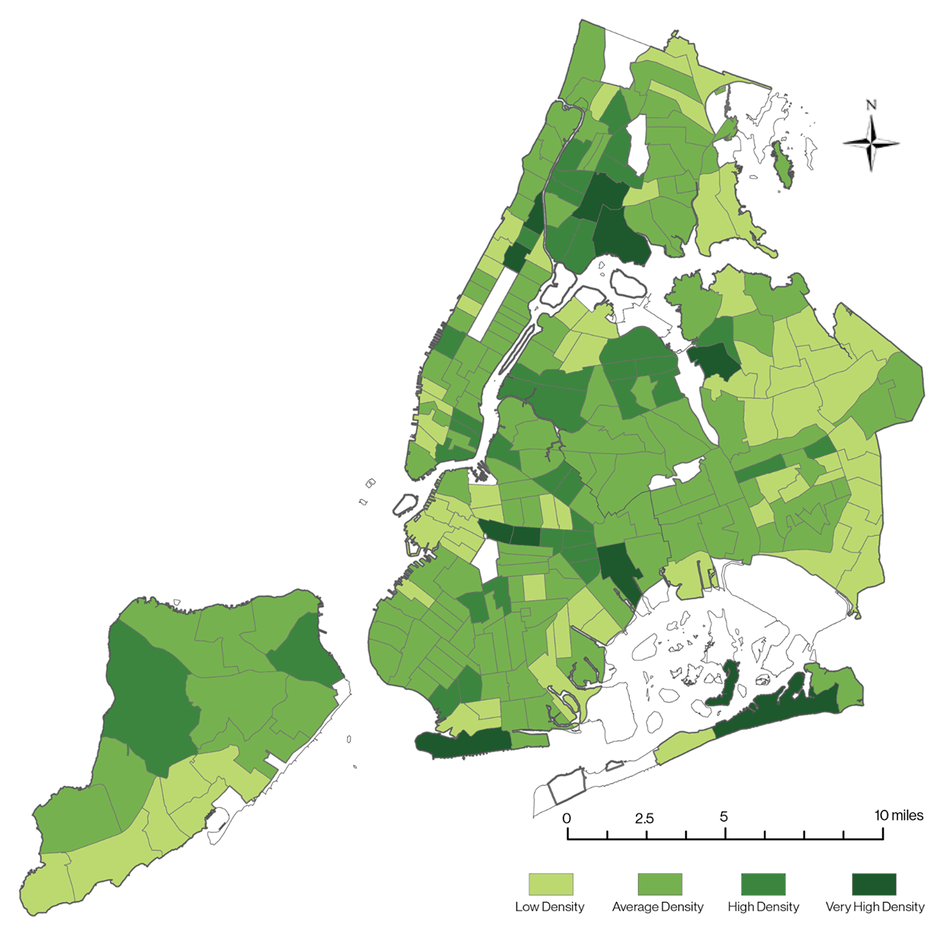 Choropleth map of New York City showing estimated waste tonnage allocated to each DSNY district section in four shades of green